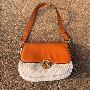 Michael Kors Orange Leather & Beige MK Signature Shoulder Bag